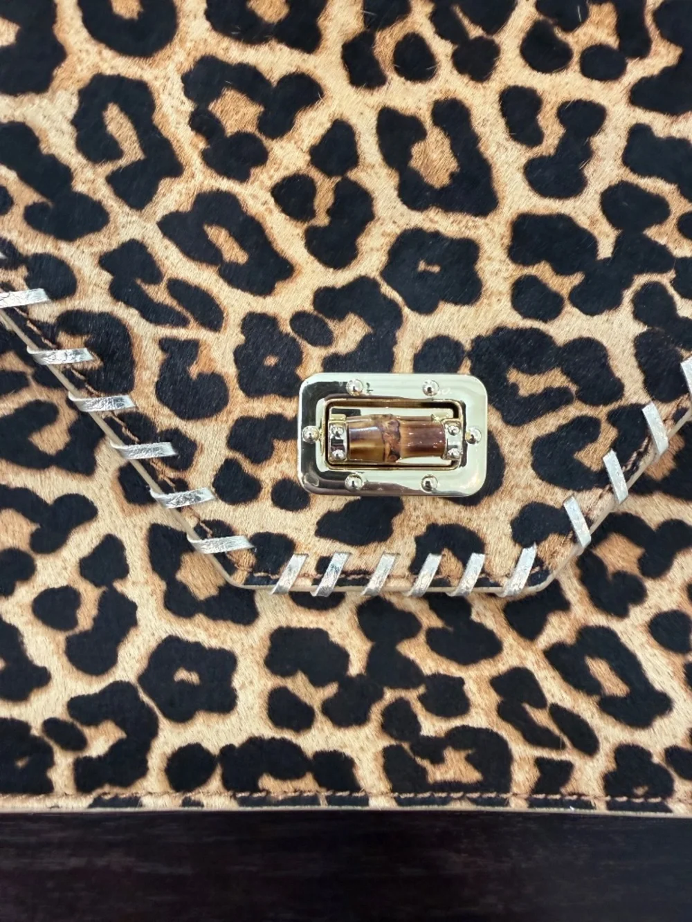 Leopard Calf Hair Envelope Clutch Gold Metallic Trim Bamboo Turn Lock